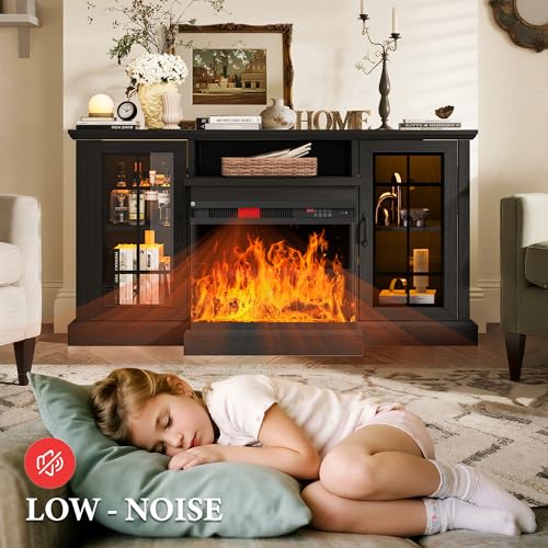 Image of MXV 59'' Fireplace TV Stand, Farmhouse Entertainment Center with 3 Sided Glass TV Stand, Modern Media Console Table with Storage Drawers & Cabinets with LED Flame and Lights for Living Room, Black
