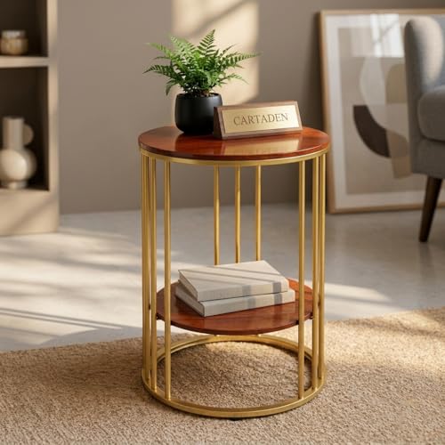 Image of CARTADEN Side Table, Small Round End Table with Lower Shelf, Nightstand for Small Spaces, Bedside Coffee Table for Living Room, Bedroom Gold Brown
