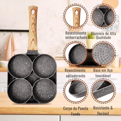 Frigideira Antiaderente Compacta com 4 Divisórias Alumínio Resistente Panela 4 Furos Ovos Bacon Hamb