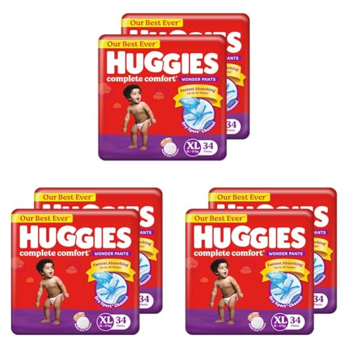 Image of Huggies Complete Comfort Wonder Pants | Pant Style Baby Diapers Extra Large Size (XL), 68 Count | India's Fastest Absorbing Diaper, Prevents Diaper Rash, Ideal for 12 to 17 Kgs (34 Count, Pack of 6)