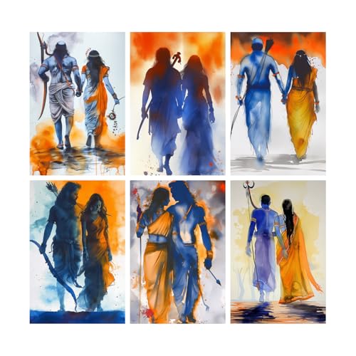 Image of SiddArtify Ramayana Watercolor Art Print Set - Blue - Orange - Gold - 300GSM Board - 12x18 Inch - Pack of 6 Wall Room Decoration art Poster Prints