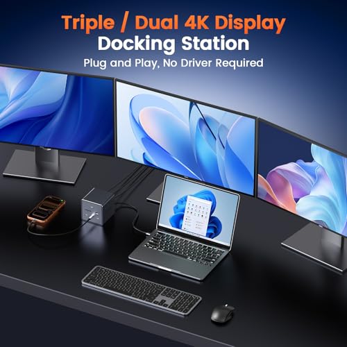 Image of TobenONE 16-in-1 Laptop Docking Station 𝗧𝗿𝗶𝗽𝗹𝗲 𝟰𝗞 Monitor with 150W Power Supply, 3 HDMI, 2.5Gbps Ethernet, 7 USB, USB-C Docking Station for Thunderbolt 5 /4 /3 Windows /Dell /Lenovo /HP /Asus