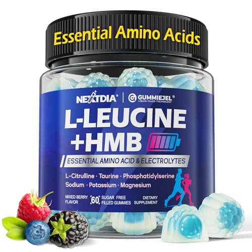 Hmb and L-Leucine Gummies Pre Work Essential Amino Acids EAA Supplements for Men & Women w/Branched-Chain Amino (BCAA) & 4 Hydration Electrolytes Taurine B12 & D3 for Fast Workout Recovery 60Cts