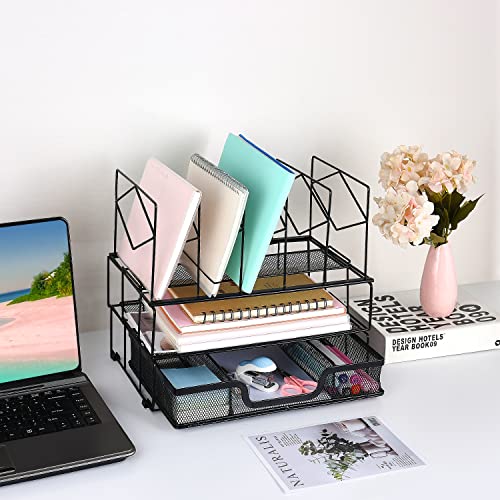 Gianotter Desk Organizers And Accessories, Office Supplies Desk Organizer With Sliding Drawer, Double Tray And 5 Upright Sections (Black) #TOP2