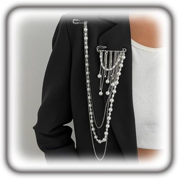 Silver Layered Tassel Double Pin Chain Brooch for Women, Versatile Pearl Beaded Charm Brooch Pin Fashion Statement Jewelry Suit Accessories Gifts