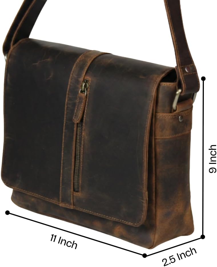 Leather Messenger Bag for Men - Small Crossbody Bag - 11 Inch Leather Satchel Bag - iPad Bag & Travel Man Bag - Compact Mens Shoulder Bag