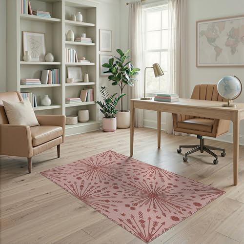 ODIKA 4'x6' Washable Bohemian Geometric Accent Rug, Blush Pink Non-Shedding Small Carpet for Playroom, Bedroom, Reading Nook, Pet Friendly & Non-Slip | Ref:2001414