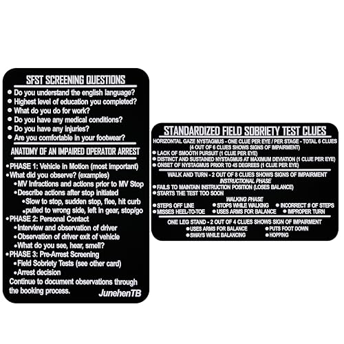 DUI Clue Reference Card, Black Metal Bend-Resistant SFST Thick Card Standardized Field Sobriety Test, SFST Instruction with Clues, for Police Law Enforcement Officers Gift (BR-OUI-SFST-BLK-1P)
