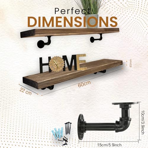 MKGT Wall Shelf with Industrial Pipe Brackets – Rustic Wood Floating Shelf, 22cm Deep (Walnut, 60cm)