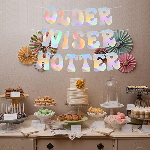 Image of BEISHIDA Iridescent Older Wiser Hotter Banner Pre-strung Birthday Banner Decoration for 40th 50th 60th 70th 80th Women Funny Sign Garland Cute Birthday Party Supplies NO DIY