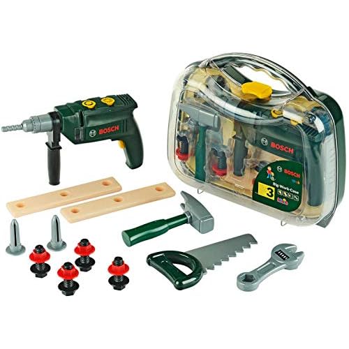 Theo Klein 8416 Bosch Werkzeugkoffer, groß I 16-teiliges Werkzeug-Set I Inkl. batteriebetriebenem Bohrer mit Licht und Sound I Maße: 32 cm x 8 cm x 29 cm I Spielzeug für Kinder ab 3 Jahren