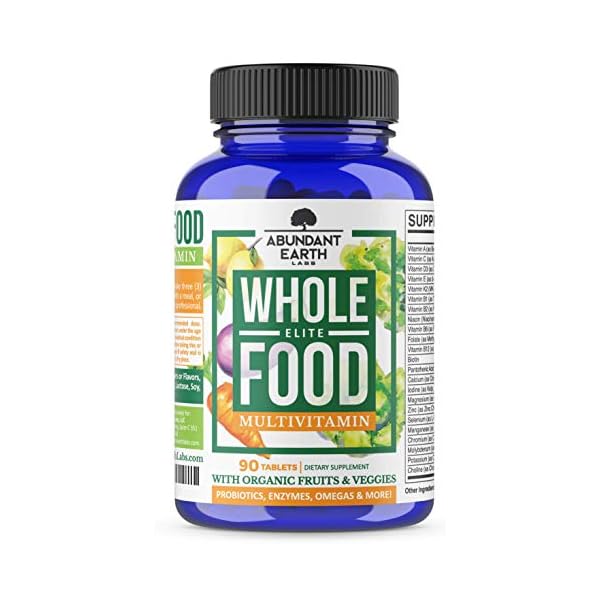 Whole-Food-Multivitamin-Elite-Organic-Multivitamin-for-Men-and-Women-Non-GMO-Multivitamin-with-Probiotics-Enzymes-B-Complex-Omegas-for-Daily-Energy-Mood-Digestion-Heart-Health-90-Tablets Abundant Earth Whole Food Multivitamin for Women, Daily Multi Vitamins Supplements for Men/Mens Multivitamins + B Complex, Probiotic Multi Enzyme, Omegas for Organic Energy, Mood, Digestion 90ct