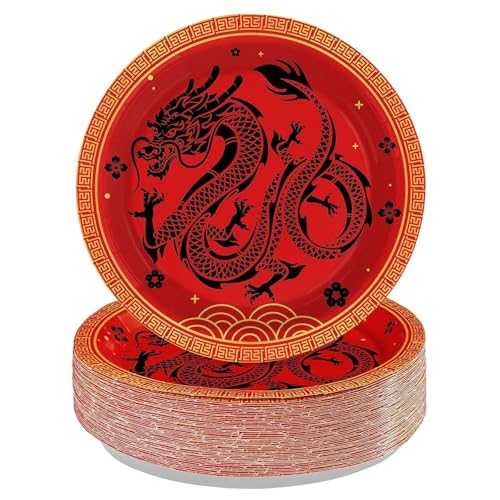 Greencian 50Pcs Dragon Paper Plates for Holiday Birthday Japanese Hibachi