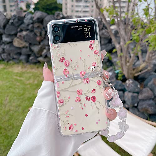 Coque antichoc Z Flip 4 à fleurs avec chaîne de poignet anti-chute