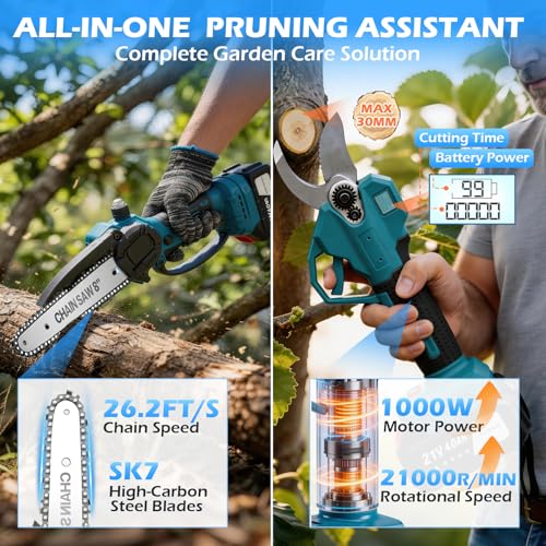 4-in-1 Cordless Pole Saw & Pruning Shears with 2 x 4.0Ah Battery, 8 Inch Mini Chainsaw & Electric Pruner with 14.5 Ft Reach Extension Pole, Battery Powered Pole Saw Pruner for Tree Trimming/Cutting by RAXONE - Image 5