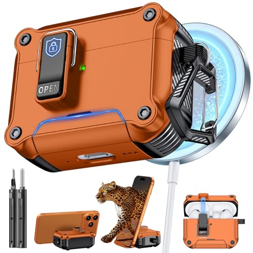 Image of Inesore for AirPods Pro 3 Case Cover (2025) Magnetic Automatic Lock with Fixed Clip, Phone Stand & Cleaning Kit & Keychain, Compatible with AirPods Pro 3nd Generation Magsafe Case -Orange