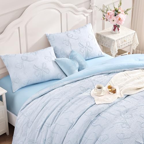 Image of Andency Full Size Cute Comforter Set, 3 Pieces Light Blue Boho Tufted Bedding Set, 3D Puffy Bow Comforters for All Seasons (1 Comforter, 2 Pillow Shams), 79 inchx90 inch, Light Blue