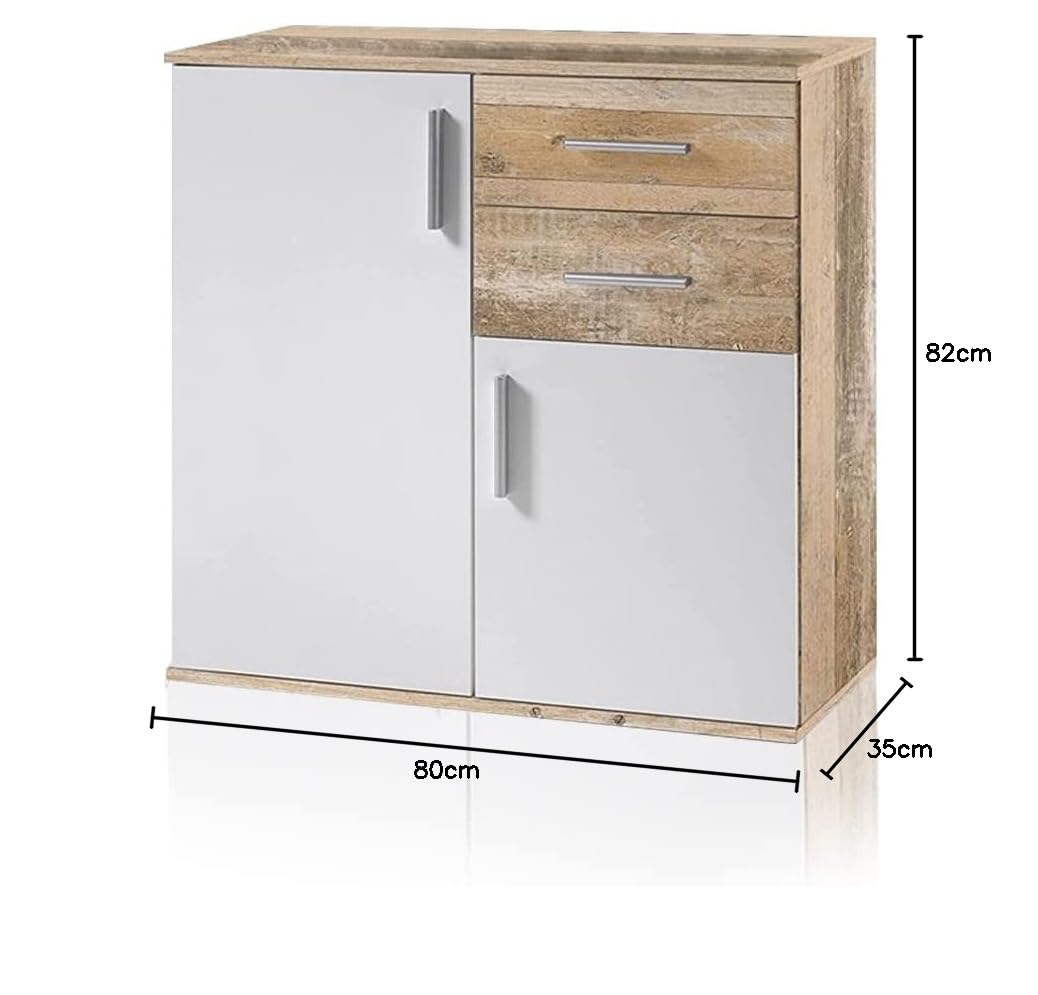 BAKAJI Mobile Madia con 2 Cassetti Doppia Anta e 2 Ripiani Interni Mobiletto Credenza Armadio Multiuso Cucina Bagno Ufficio Design Moderno Dimensioni 82x35x80cm (Bianco e quercia effetto legno)