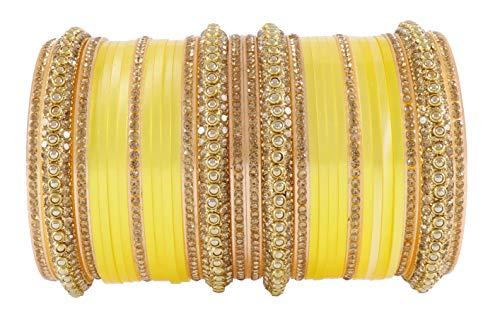 NMII Golden Traditional Acrylic Plastic Chuda Set For Bridal Women & Girls with Zircon Stone & Beads | Bridal Bangles For Wedding | Plastic Chura Set Punjabi Bangles,(-Yellow-2.4), Pack Of 30 Bangle
