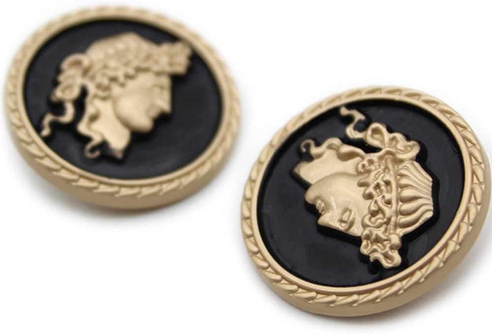 vingol 5 PCS Round Metal Pattern Button Human Head Pattern Gold Silver Button for Clothes Decorative Accessories (Black Gold, 25mm)