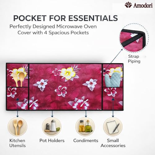Image of Microwave Oven Top Cover 35x100 cm | Wipe Clean Fabric | 4 Utility Pockets (Floral-22)