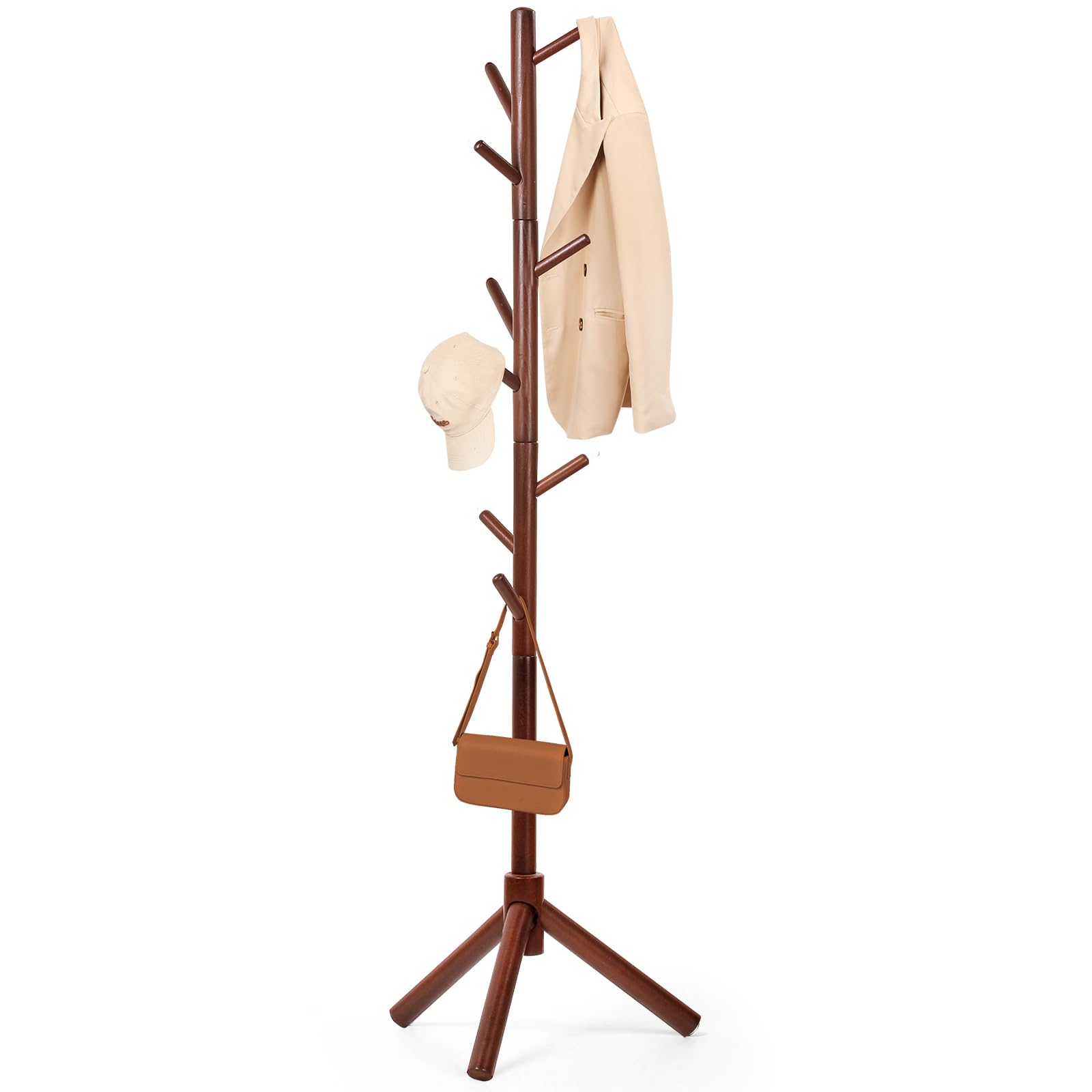 Appendiabiti in legno di faggio, supporto per giacche, appendiabiti, a forma di albero con 9 ganci, 3 regolazioni di altezza, supporto per vestiti, cappelli, sciarpe, borse (marrone)