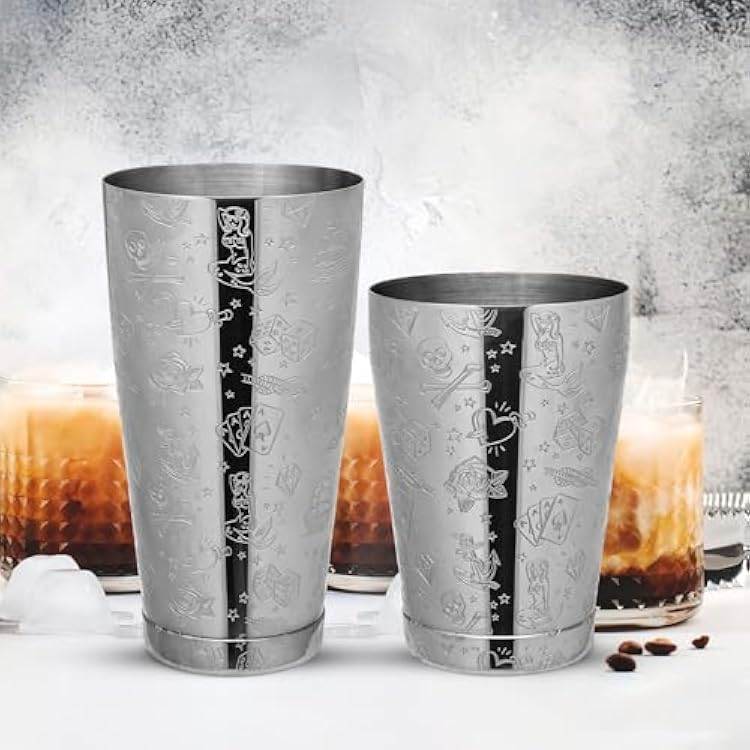 Cocktail Shaker Stainless Steel Boston Shaker Tin with Etched Pattern Martini Drink Shaker Professional (Style1)