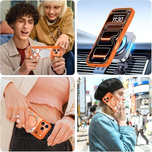 Image of VONZEE Back Cover Case Compatible with iPhone 17 Pro Max, Luxury Retro Flowers Floral Clear for Magnetic Wireless Charging Case Shockproof PC+TPU Cute Glossy Shiny Cover for Girls|6.9''|Cosmic Orange