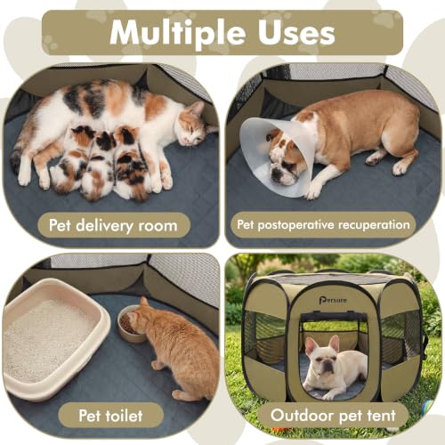Image of Dog Cat Playpen Indoor Outdoor for Puppy Pet Dog Cat Recovery After Surgery | Dog Tent Crates Cage Indoor /Outdoor, Portable Pop Up Kennel with Carrying Case for Travel (Khaki with Pad, Medium)