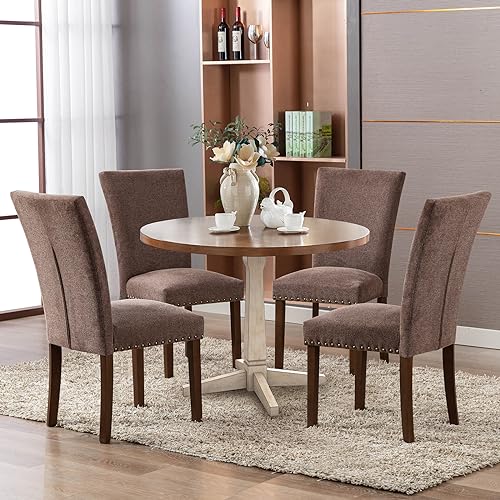 Image of COLAMY Upholstered Parsons Dining Chairs Set of 2, Fabric Dining Room Kitchen Side Chair with Nailhead Trim and Wood Legs - Brown