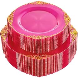 102PCS Clear Hot Pink Plastic Plates - Pink Disposable Plate with Gold Rim - Hot Pink Party Plates Include 51PCS 7.5inch Dessert & 10.25inch Dinner Plate for Wedding Birthday Party
