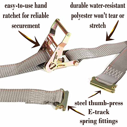 E Track Ratchet Tie-Down Cargo Strap, 2" x 16' Durable Ratcheting Strap Cargo TieDowns, Heavy Duty Grey Polyester Tie-Downs, ETrack Spring Fittings