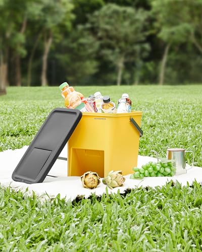 SONGMICS Mülleimer Küche, 4er Set Abfalleimer, Mülleimer stapelbar, je 20 L, Mülltrennsystem, Klappdeckel, mit Aufklebern, Aufbewahrungsbox, gelb, blau, beige und grün LTB760Q01