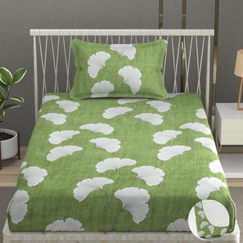 Image of Premium Heavy Cotton Elastic Fitted Bedsheets with 1 King Size Pillow Covers | Single Bed with All Around Elastic 350 TC | 36 x 78 x 6 Inch Single Size Fitted | :- Green Jhaad