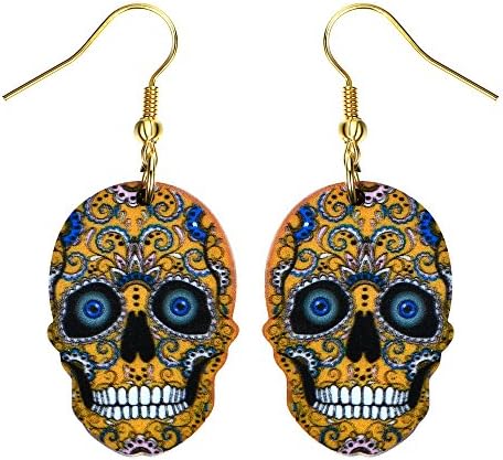 Liavy's Day of the Dead Sugar Skull Fashionable Earrings - Acrylic - Fish Hook - Orange