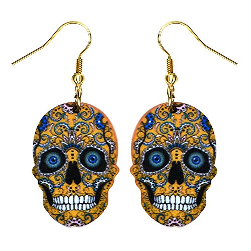 Liavy's Day Of The Dead Sugar Skull Fashionable Earrings - Acrylic - Fish Hook - Orange #TOP3