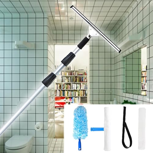 Escobilla de ducha para paredes de azulejos, herramienta de limpieza de ventanas con barra de extensión y cabezal de plumero, kit de lavado de ventanas multiusos para ventanas exteriores
