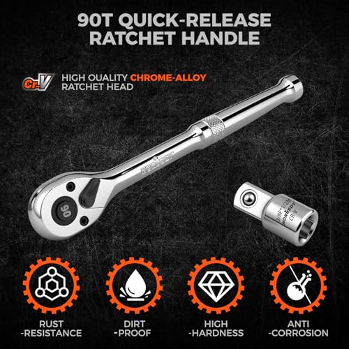 Image of HORUSDY 3 /8 inch Drive 90T Quick-Release Ratchet Handle, Reversible, Chrome Alloy Made, Full Polished, Includes 3 /8 inch to 1 /2 inch Socket Adapter, Ideal for Auto Repair, Home & Industrial Use