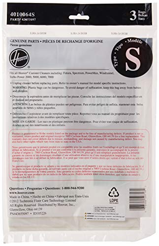 Image of Hoover Vacuum Cleaner Bags for Canister Vacs, Pack of 3, White, Type S