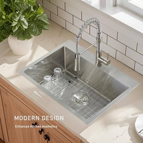 Image of 20 Inch Drop In Kitchen Sink, 20 x 16 Stainless Steel Single Bowl Top Mount Drop In Bar Wet Prep RV Outdoor Kitchen Sink, 16 Gauge Brushed Nickel