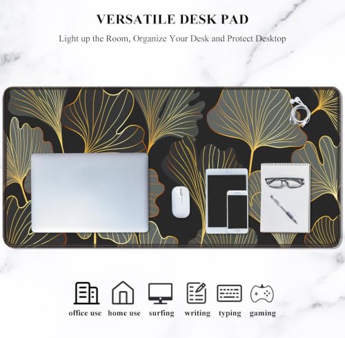 Image of Auhoahsil Extended Mouse Pad, XXL Gaming Mouse Pads, Large Big Mousepad Laptop Computer Keyboard Mat Desk Pad with Non-Slip Base Stitched Edge for Gaming Office, 31.5 x 15.7 inch, Gold Line Leaves
