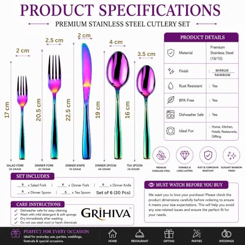 Image of 30 Pcs Rainbow Cutlery Set for Dining Table the Perfect Mirror Polish Hevy Duty Tableware Including Dinner Spoon, Dinner Fork, Dinner Knife, Dessert Spoon & Dessert Fork