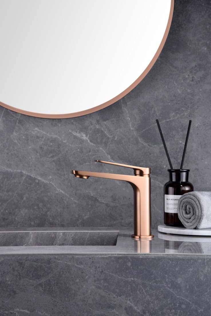 MICE - Grifo monomando sobre repisa para lavabo hecho de latón - Monomndo para lavamanos - Griferia de baño apto para agua fria/caliente Oro Rosa Cepillado BDN047-1ORC