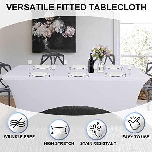 Image of OutdoorLines 2 Pieces White Spandex Table Cover for 4 Feet Rectangle Table - Elastic Massage Bed Fitted Table Cloth, Stretch Wrinkle Free Patio Table Covers for Party, Wedding and Birthday