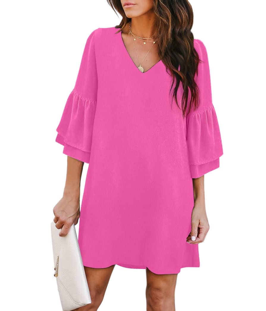 LARGE BELONGSCI Women's 2023 Summer Dress Sweet & Cute V-Neck Bell Sleeve Shift Dress Mini Dress, Perfect for Wedding or Graduation