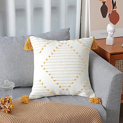 Mocofo - Federa per cuscino in cotone marocchino, motivo geometrico, con nappa, ricamo, decorazione per la casa, 45 x 45 cm, colore: nero e bianco