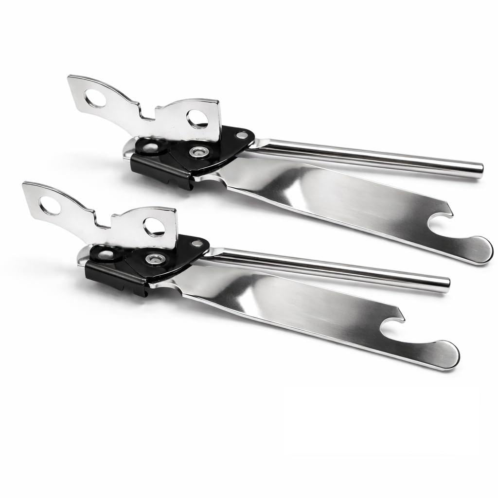 2 Pack Can Opener with Butterfly Twist – 3-in-1 Manual Tin, Bottle & Lid Opener with Long Handle Grip, Heavy Duty Durable Kitchen Tool for Home & Camping - Stainless Steel