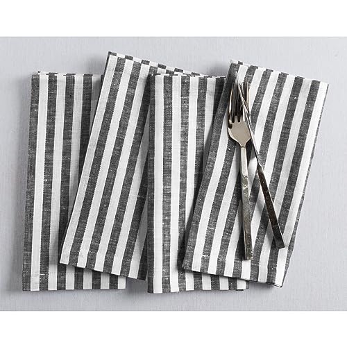 Image of Solino Home 100% Linen Napkins, 20 x 20 in, Black, Amalfi Stripe, Set of 4 | elevate everyday dining and special gatherings, woven stripe, European flax fibres, machine washable, OEKO-TEX Certified