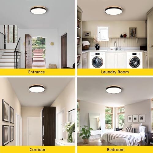 Image of Modern Wood Black Flush Mount Ceiling Light 11.81 Inch