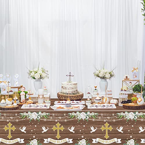 Image of 3 PCS God Bless Baptism Tablecloths - Decoration for First Holy Communion, Christening, Newborn Baby Shower Theme Supplies - Plastic Table Cover - Rustic Wood Floral Party Favors